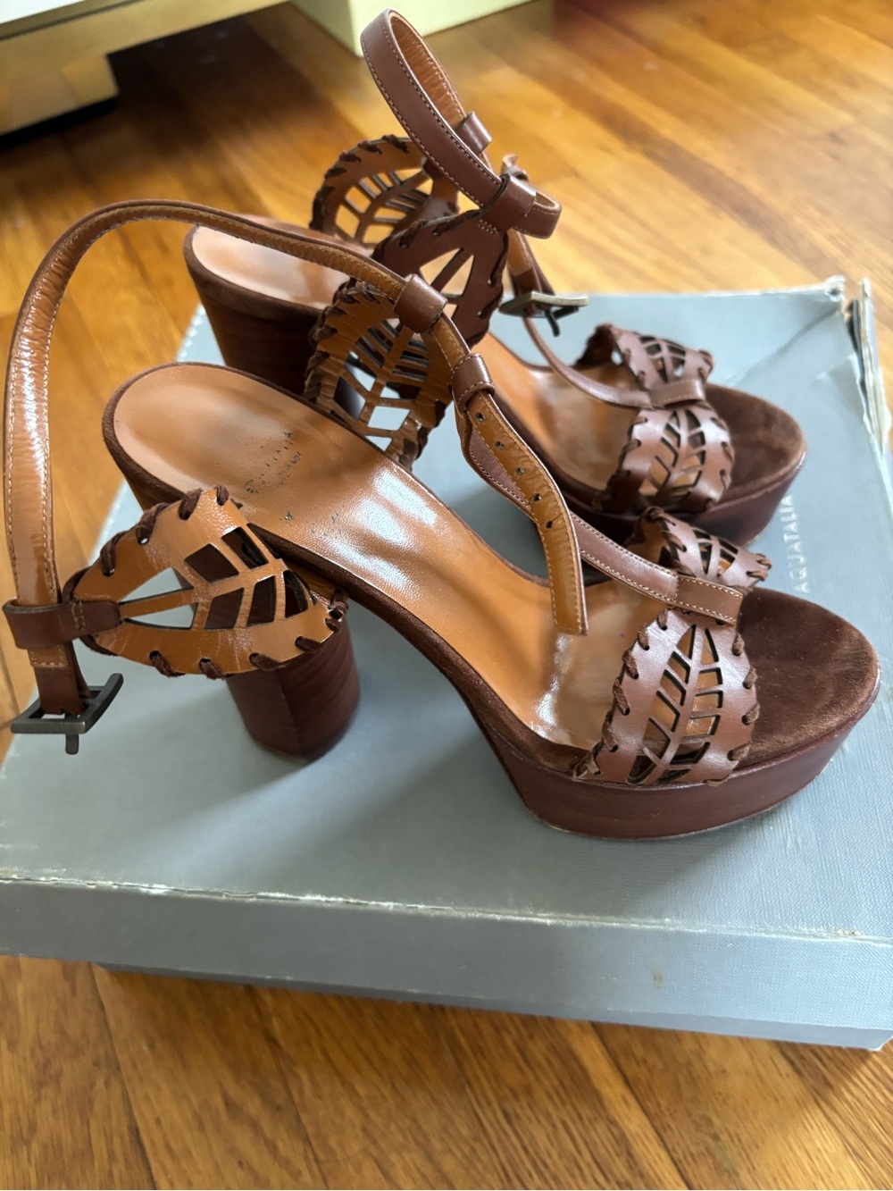 Aquatalia Brown Leather Cutout Platform Sandals